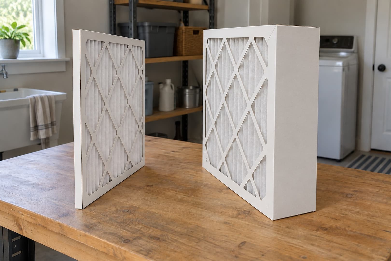Shallow and deep pleated HVAC filters showing their different depths