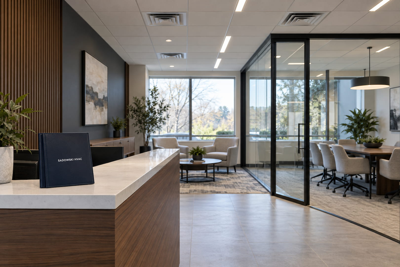 Office reception area with ceiling air vents and a Sadowski HVAC folder.