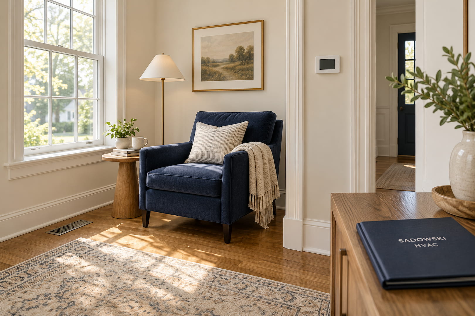 Home reading room with a wall thermostat, floor vent and Sadowski HVAC folder.