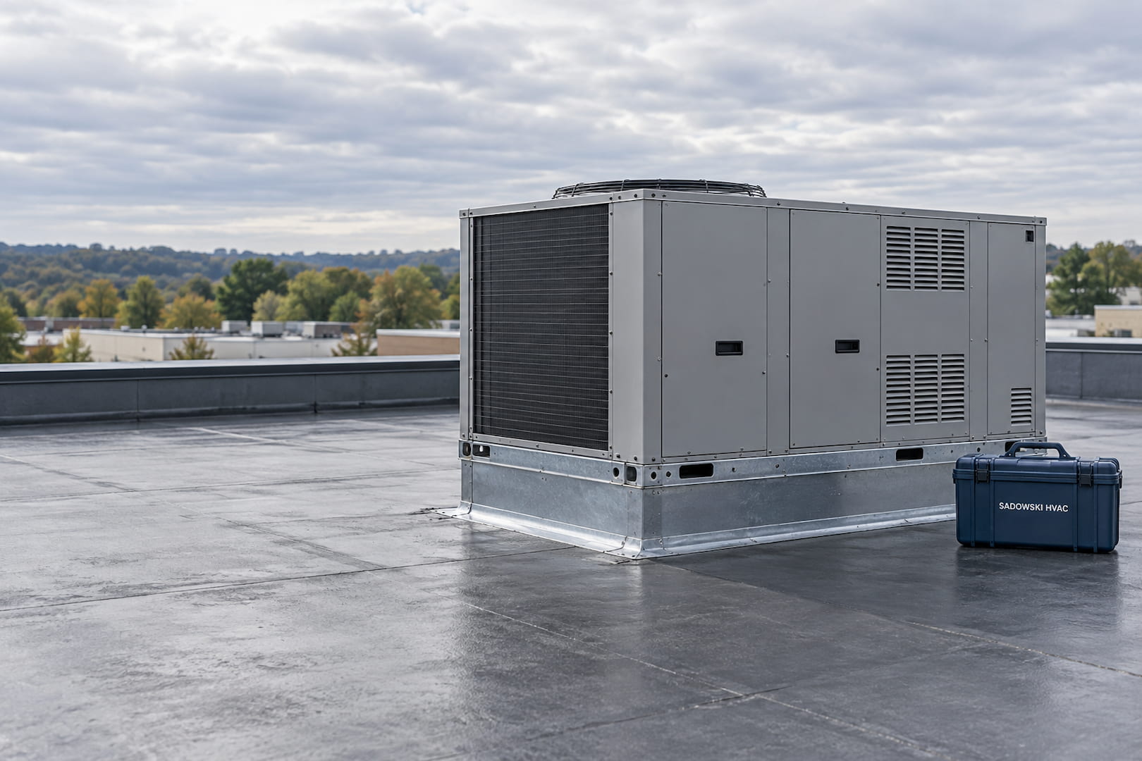 Commercial rooftop HVAC unit with a Sadowski HVAC service case.