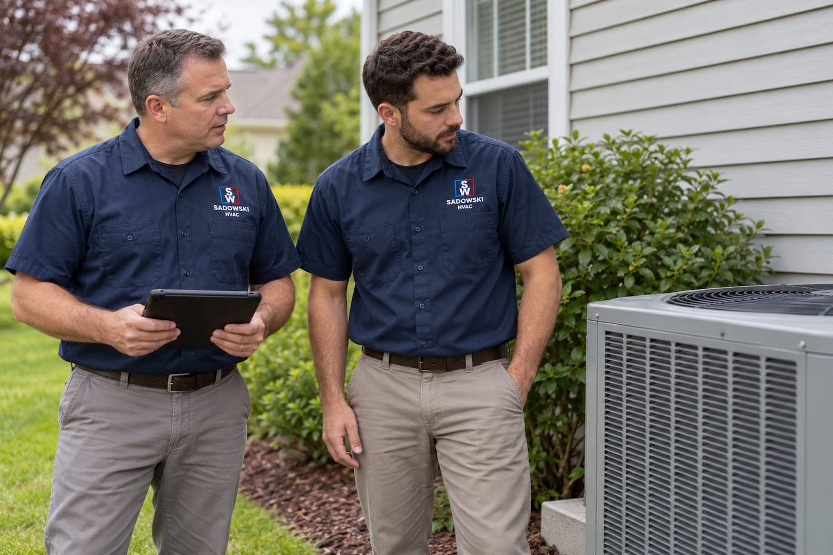 Two HVAC technicians reviewing an outdoor residential system