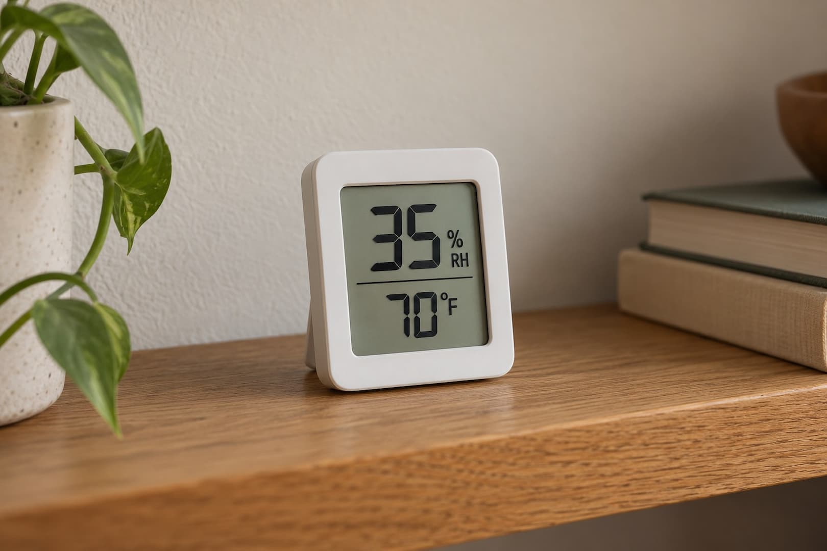 Digital hygrometer showing indoor temperature and relative humidity