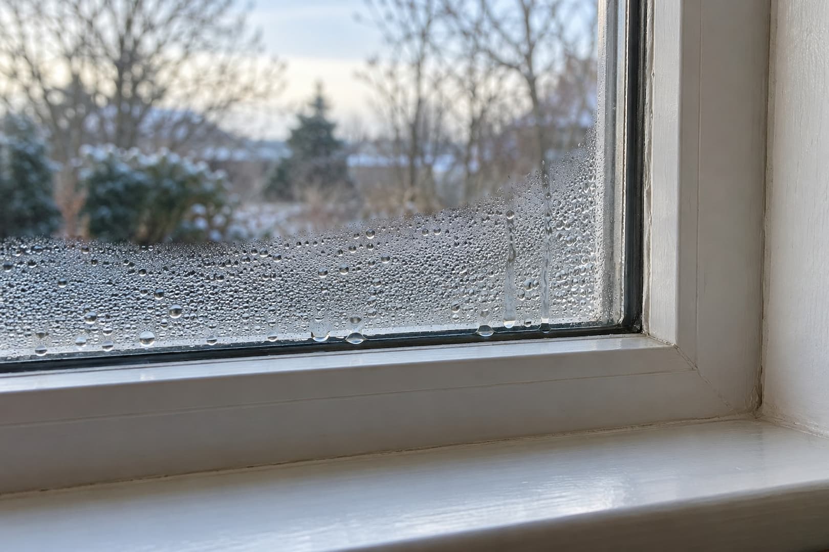Water droplets on the interior surface of a cold window